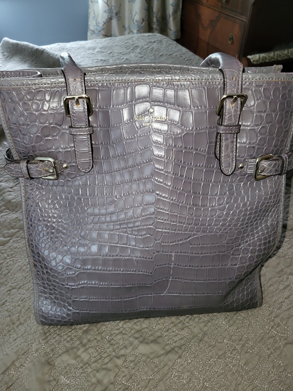Kate Spade Croc-Embossed Grey Bucket Tote with Gold Hardware